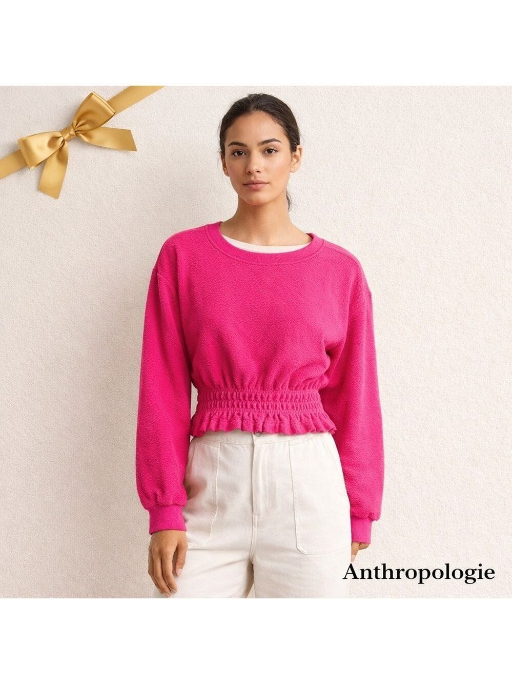 Maeve Smocked Crop Sweatshirt Pink Anthropologie M